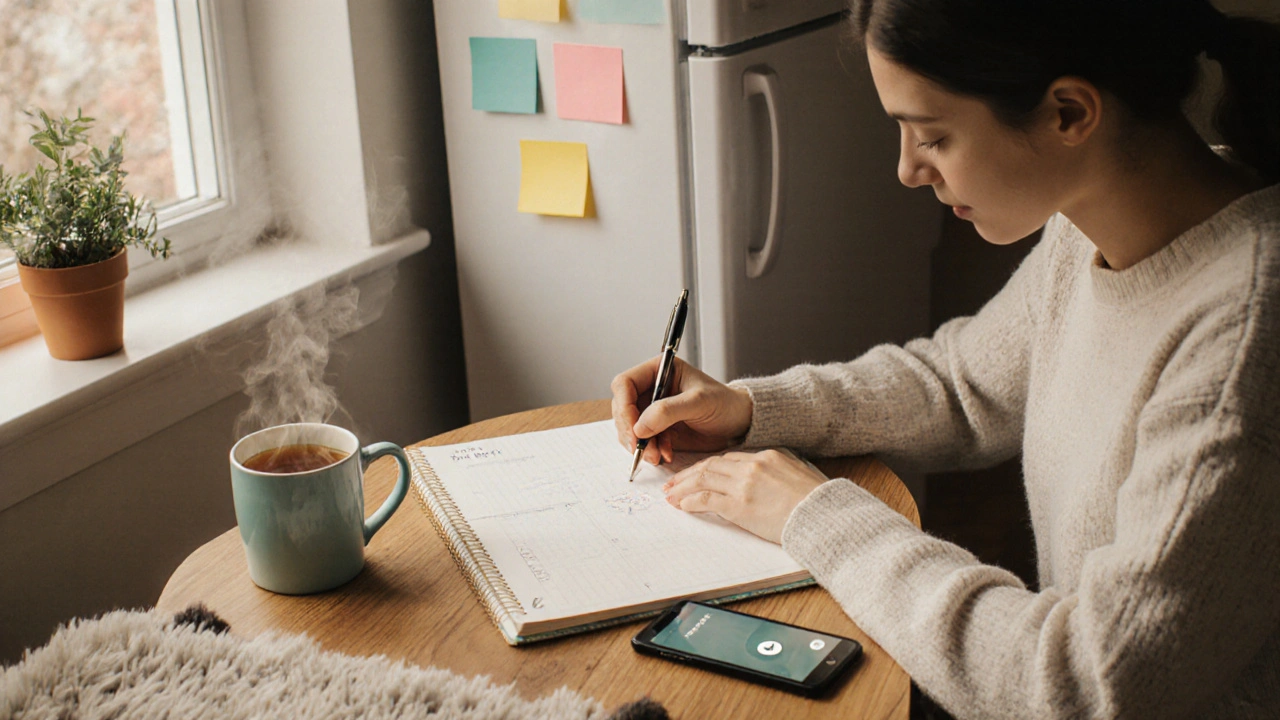 A cozy room with a person journaling, coffee nearby, and colorful sticky notes on a fridge.
