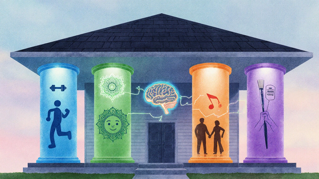 A house stands on four glowing pillars, each showing health, emotion, social, and spiritual symbols.