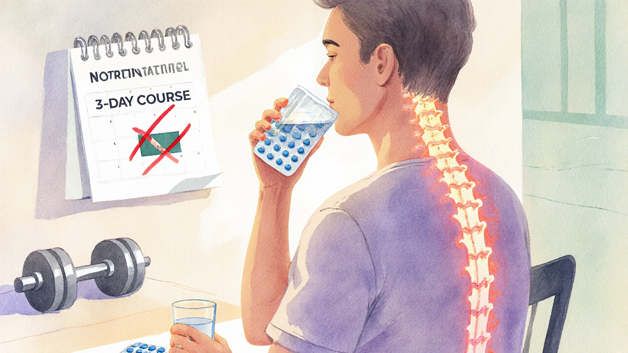 Adult drinking water with Noroxin tablets, showing tendon safety reminder.