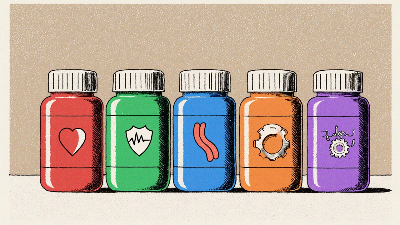 Cartoon of five pill bottles, each representing a different anti‑anginal drug with visual cues.