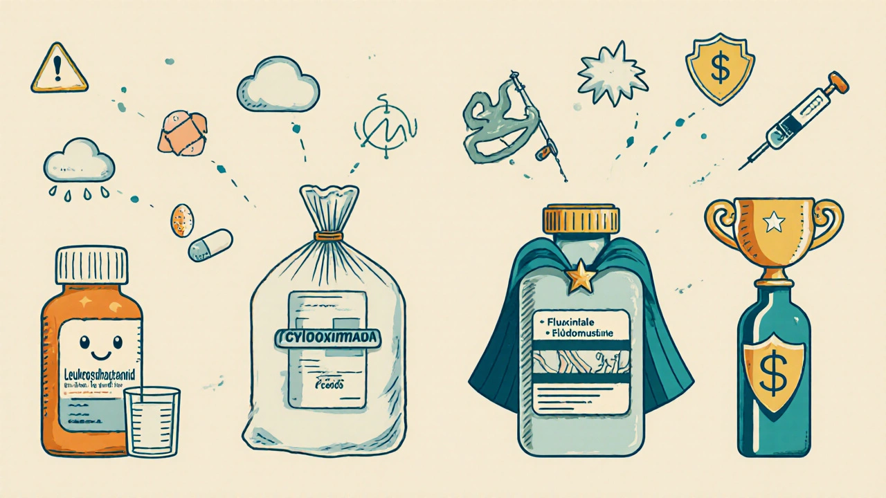 Cartoon split panel compares Leukeran, Cyclophosphamide, Fludarabine, Rituximab, and Bendamustine with icons.
