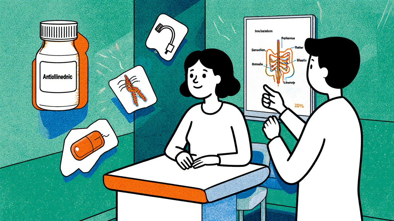 Clinic scene with patient, doctor, and icons of bladder treatments in cartoon style.