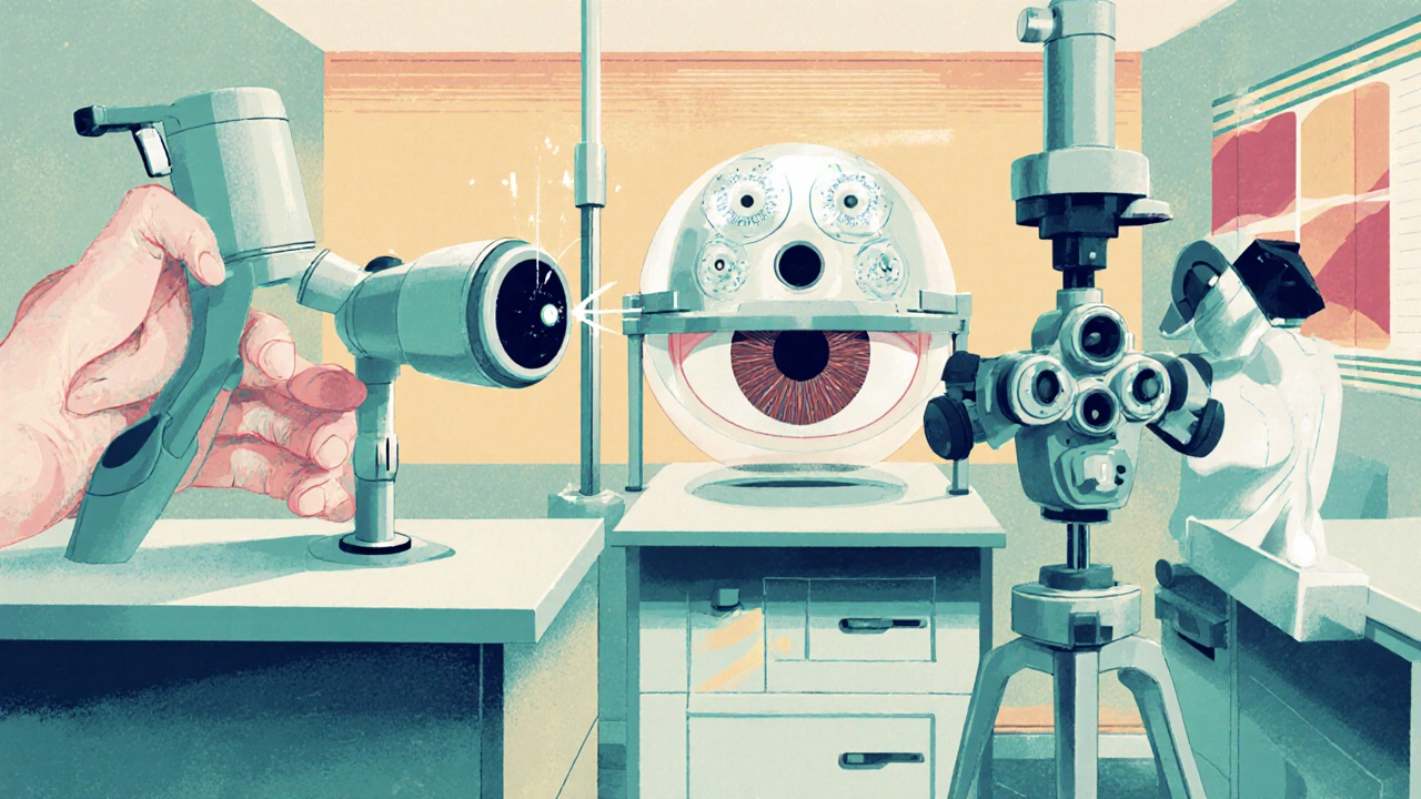 Clinic showing tonometer, fundus camera, visual field test, dilating drops, and pachymetry.