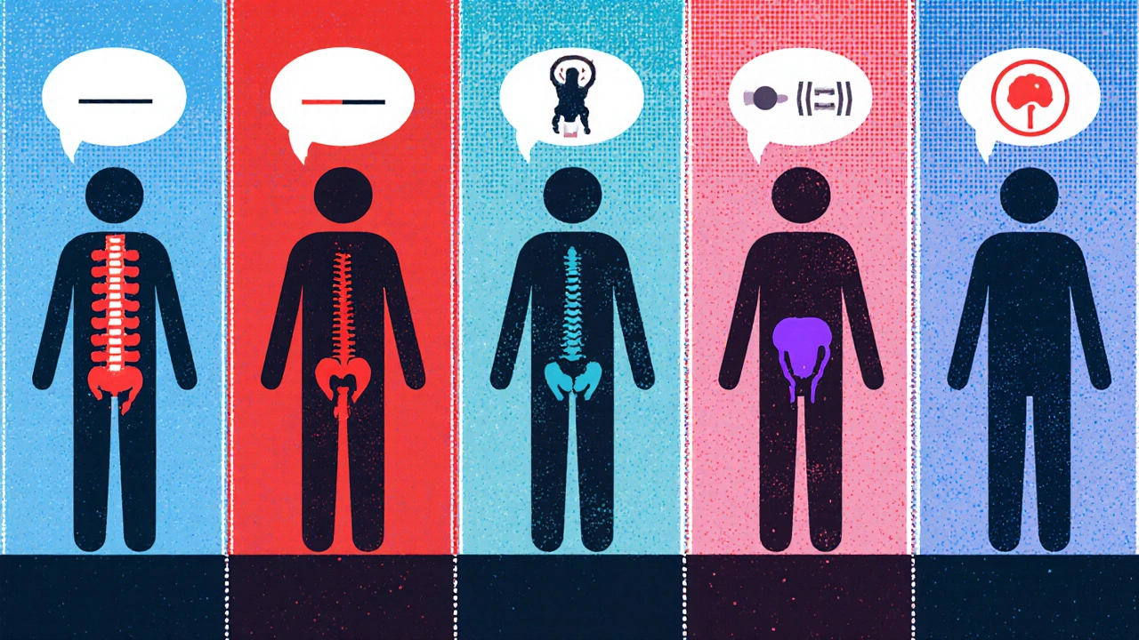 Collage of five neurological disorders with icons of their urinary symptoms.