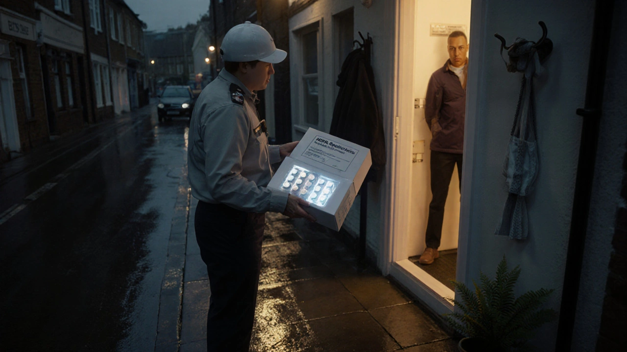 Customer opening a delivered box of loratadine tablets, inspecting authentic packaging.