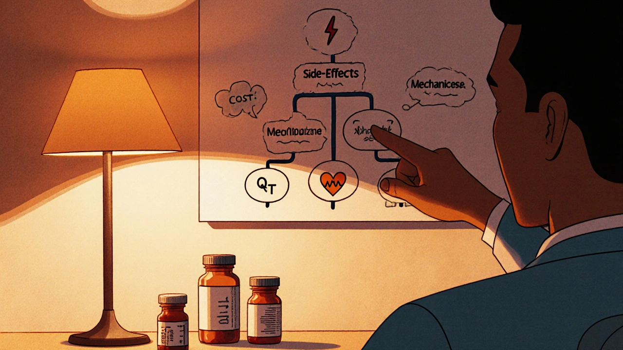 Doctor and patient discussing a decision tree of cost, side‑effects, and mechanisms.
