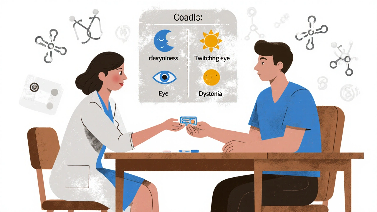Doctor handing a pill case to patient, with a floating visual chart of side effects and relief icons above them.