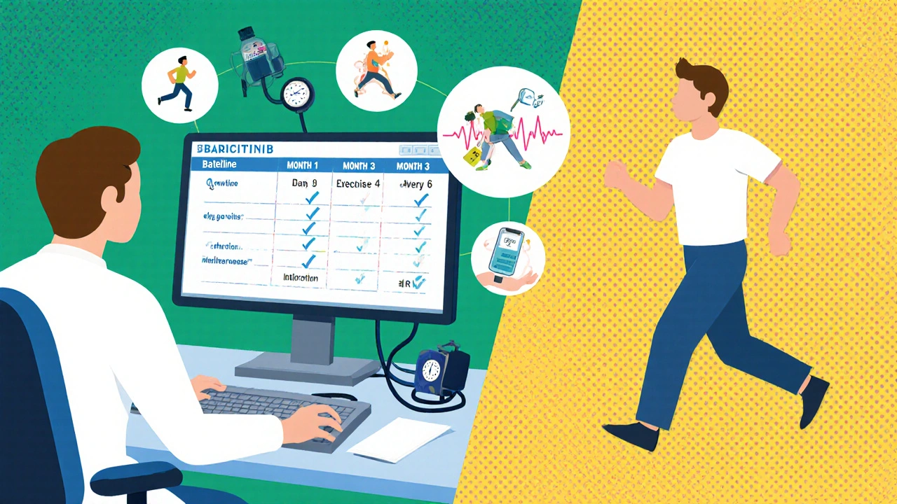 Doctor reviewing monitoring schedule with statin bottle and lifestyle icons.
