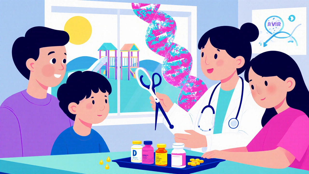 Doctor showing CRISPR scissors to a child with supplements and a sunny window background.