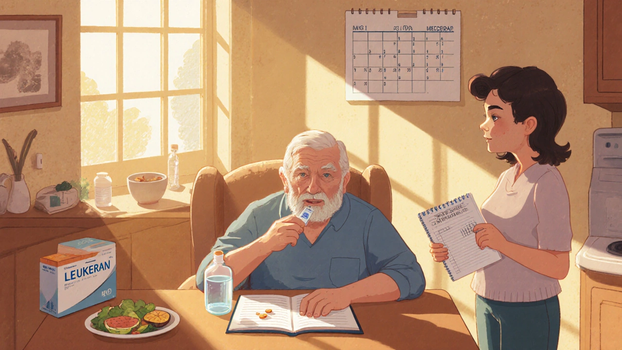 Elderly patient takes Leukeran at home with friend, water, and side‑effect log.