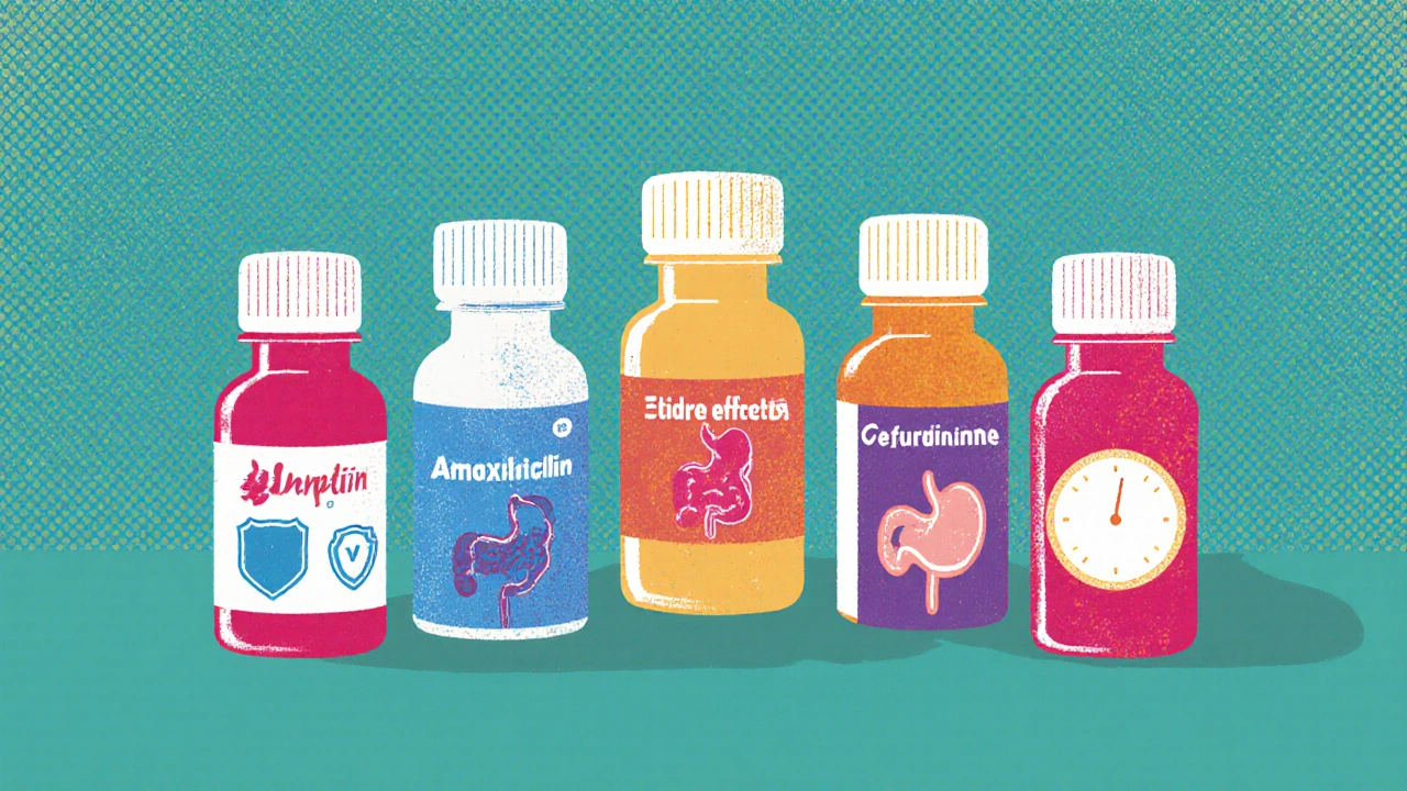 Five antibiotic bottles displayed with icons for spectrum, side effects, and dosing.