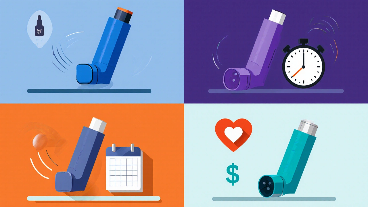 Four inhaler devices shown with symbols for speed, duration, heart safety, and cost.