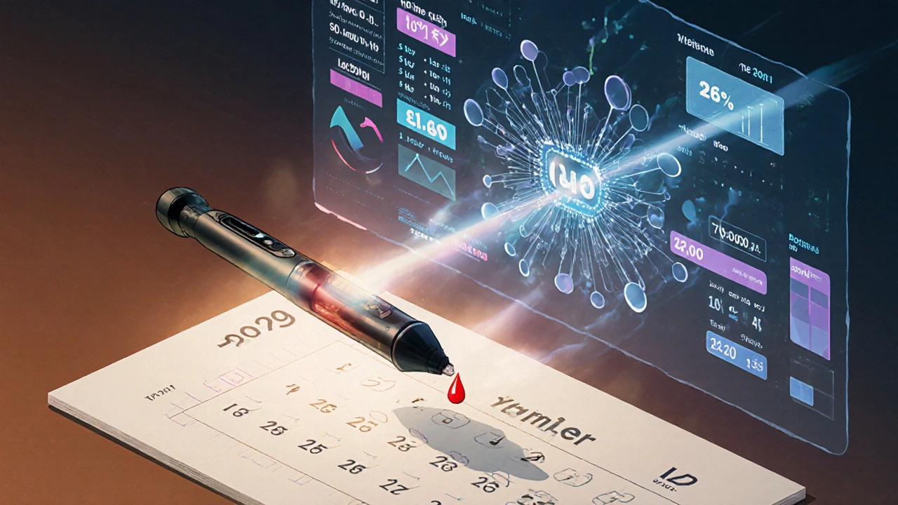 Futuristic pen-like device analyzing blood drop beside AI data streams and test calendar
