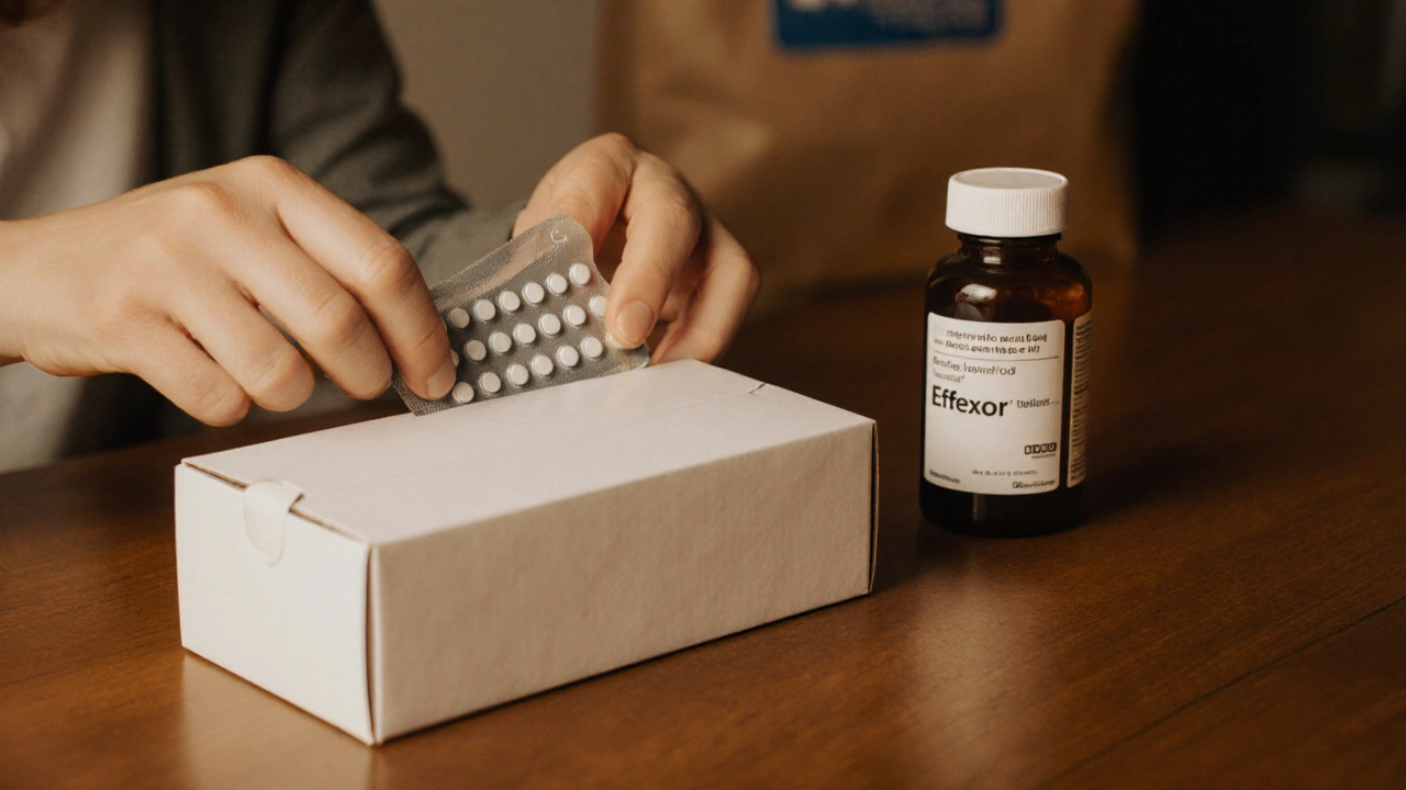 Hands opening a box to reveal a blister pack and prescription bottle of generic Effexor.
