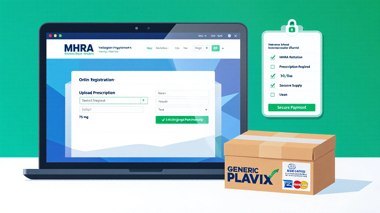 Illustration of a laptop showing an online pharmacy site with prescription upload, MHRA logo, and secure payment icons.