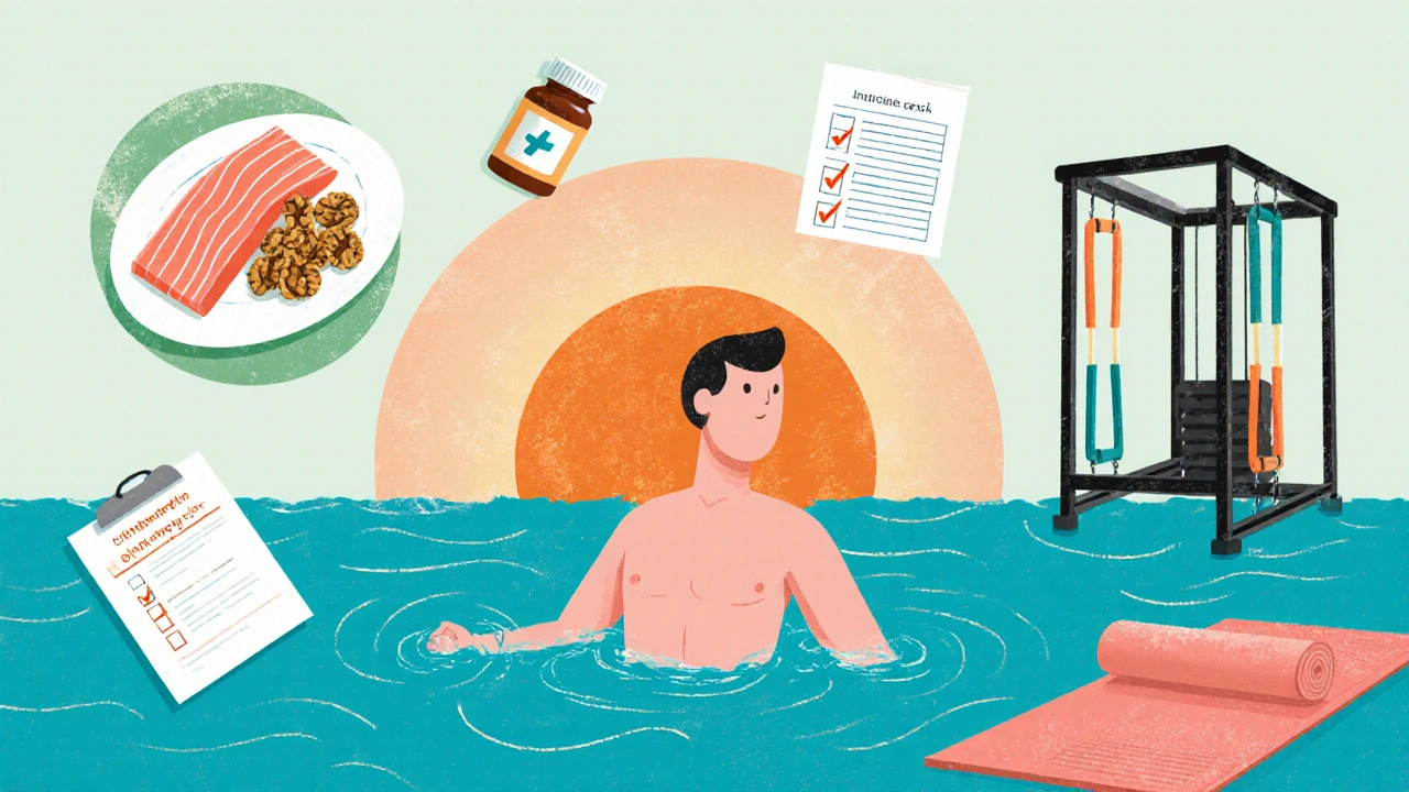 Individual swimming, eating healthy foods, and reviewing a medical checklist for joint care.