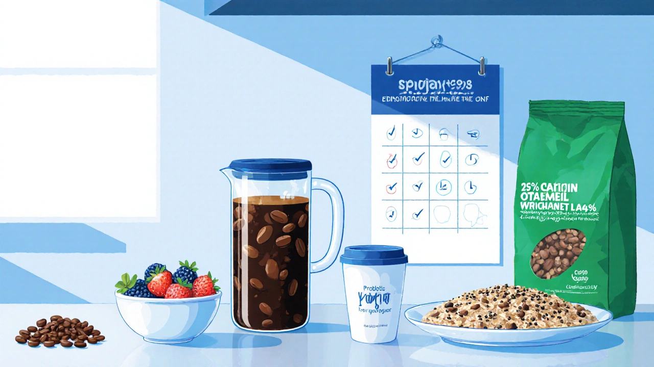 Kitchen scene with decaf coffee, cold brew, probiotic yogurt, oatmeal, and calendar marking caffeine reduction.