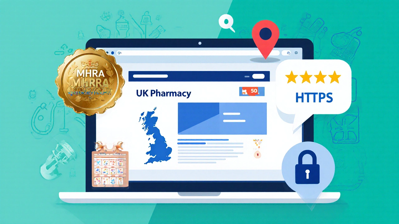 Laptop screen with icons for MHRA badge, UK address, EU logo, and HTTPS lock.