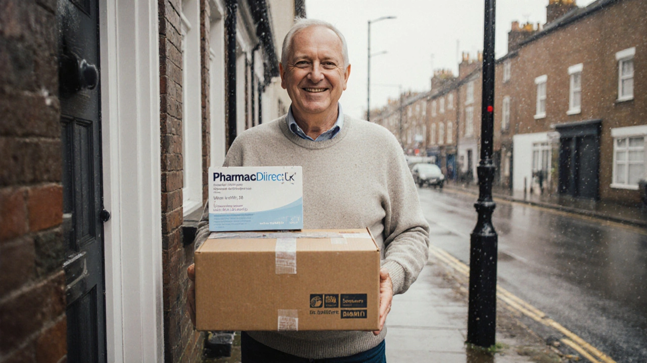 Man in his front yard holding a delivery box labeled generic Plavix, smiling after receiving his order.