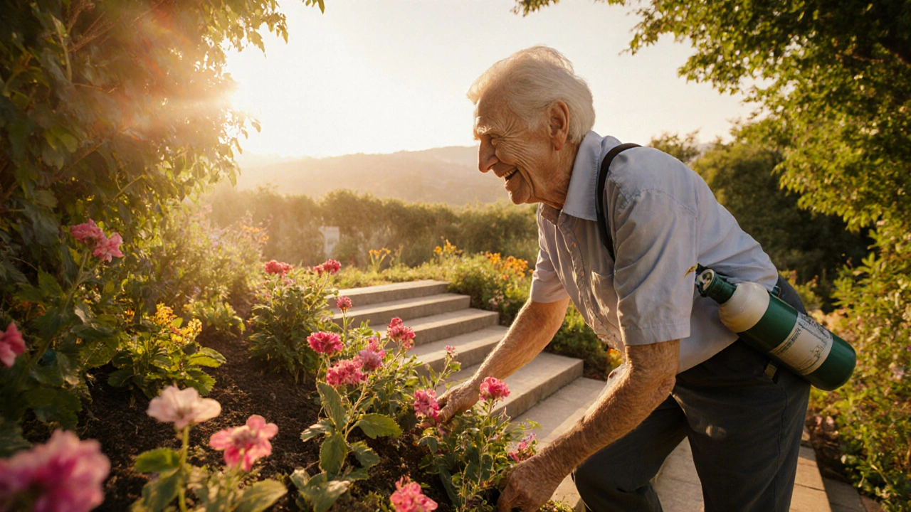 Older adult gardening and climbing stairs, carrying a portable oxygen cylinder, in bright sunlight.