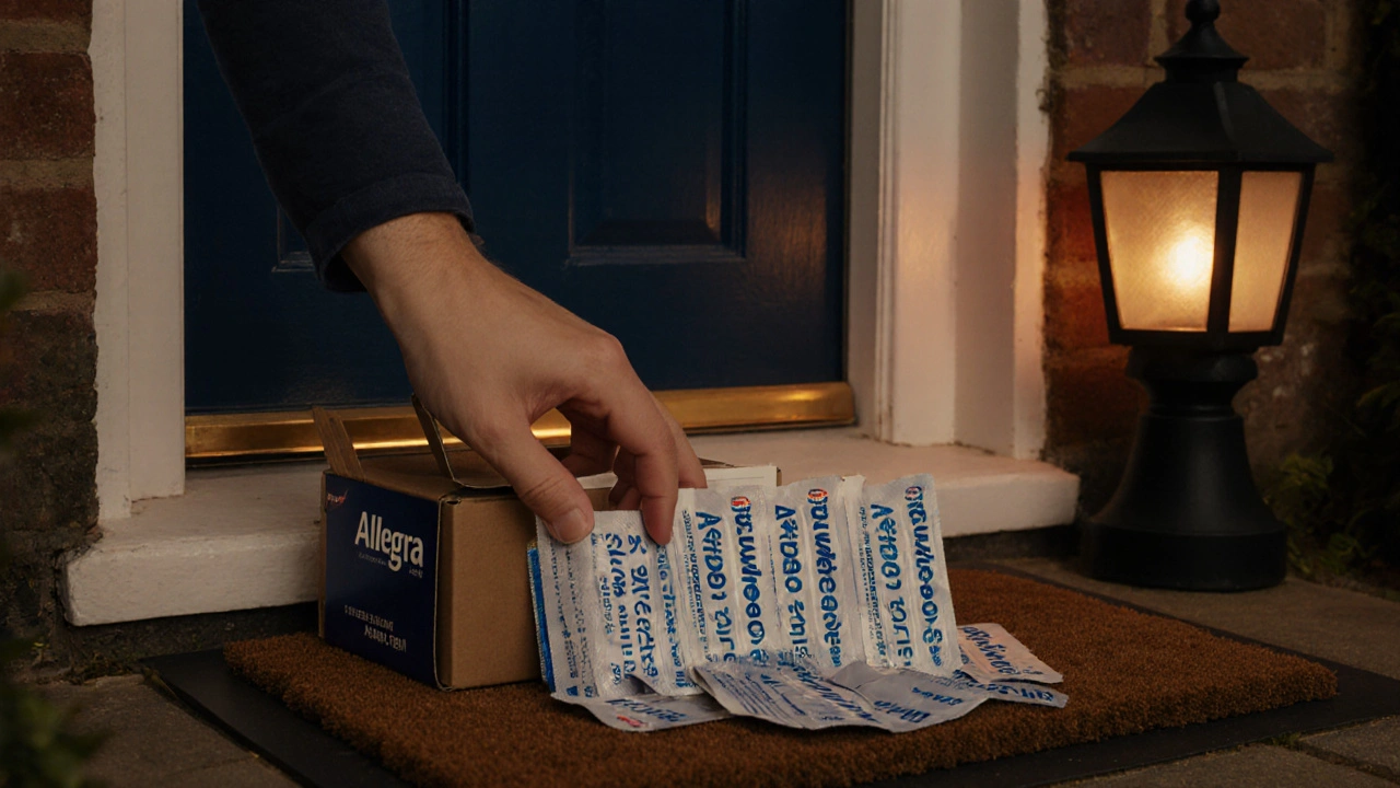Open delivery box on a doorstep showing generic Allegra packs with batch number.