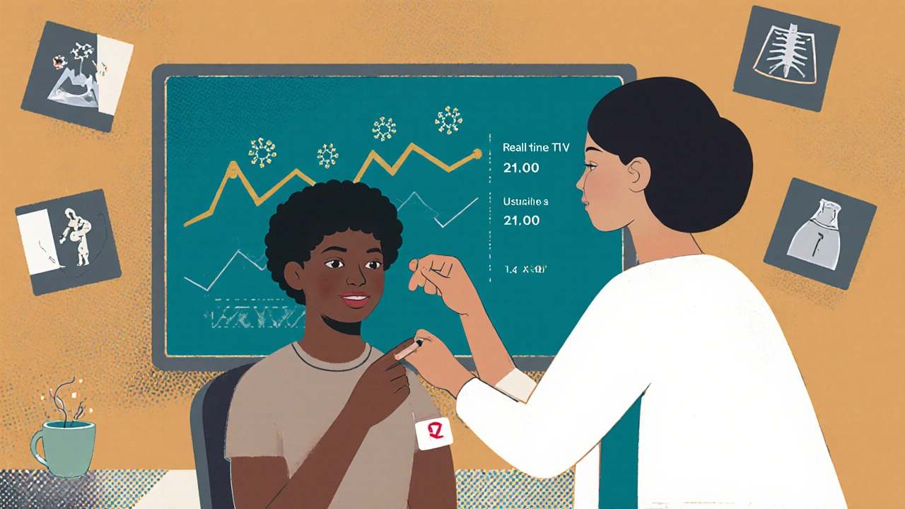 Patient getting finger-prick test as TTV levels rise on monitor with medical icons nearby