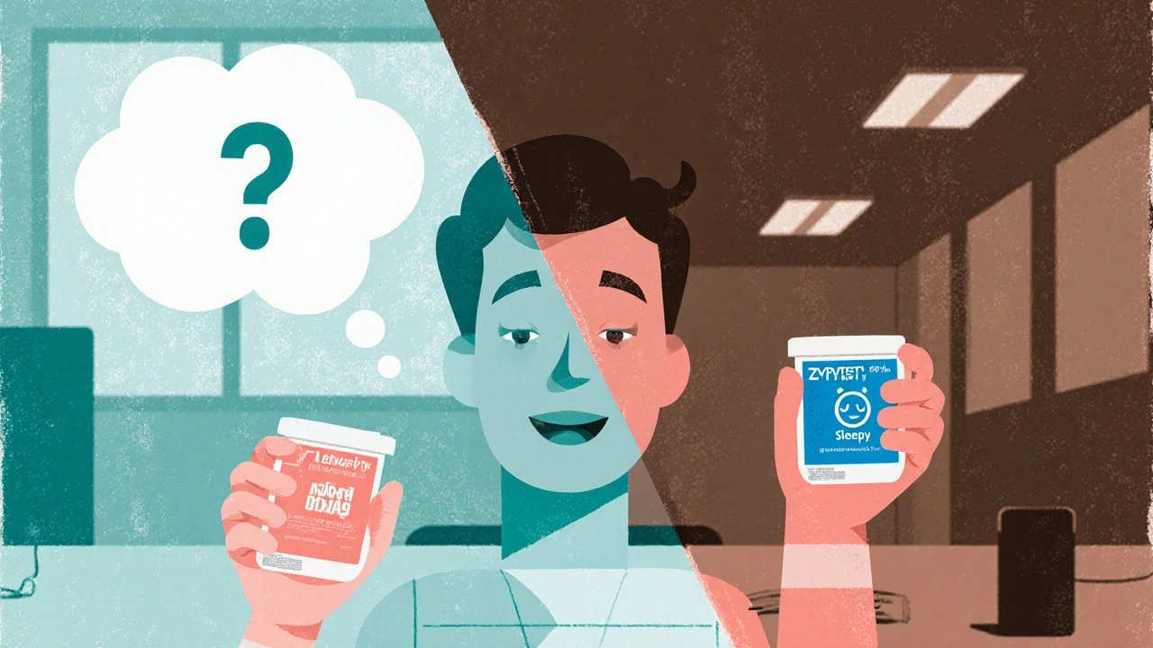 Person choosing between Alavert and Zyrtec, one non-drowsy, one sleepy, with contrasting day and night backgrounds.