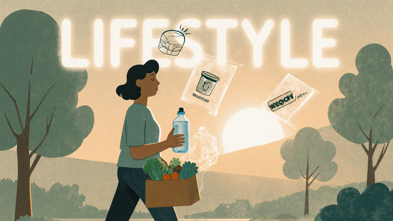 Person walking in park with healthy food, weight loss pills fading away as 'LIFESTYLE' glows overhead.