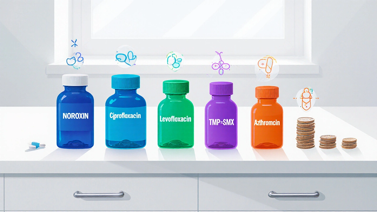 Pharmacy counter displaying six different antibiotic pill bottles.