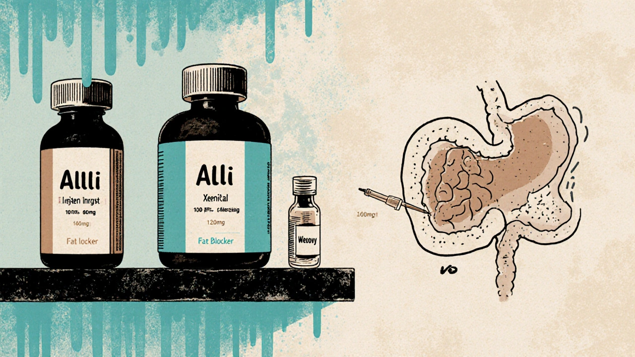 Pharmacy shelf with Orlistat, Xenical, and Wegovy side by side, showing different weight loss mechanisms.