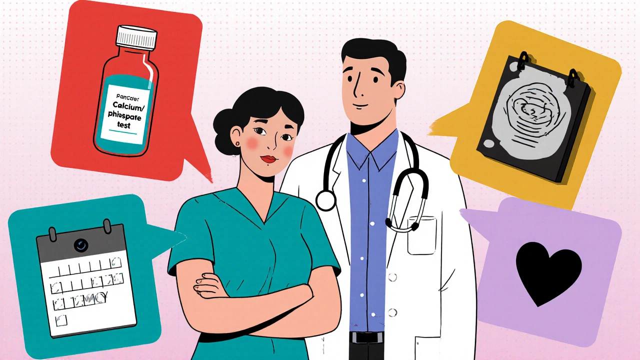 Post‑menopausal woman and doctor reviewing a checklist of labs, mammogram, and heart icons in cartoon risograph style.