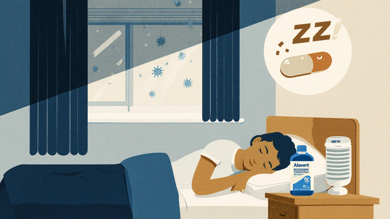 Sleeping person with allergy relief items on nightstand: Alavert, HEPA filter, clean bedding, and a drowsy Benadryl pill.