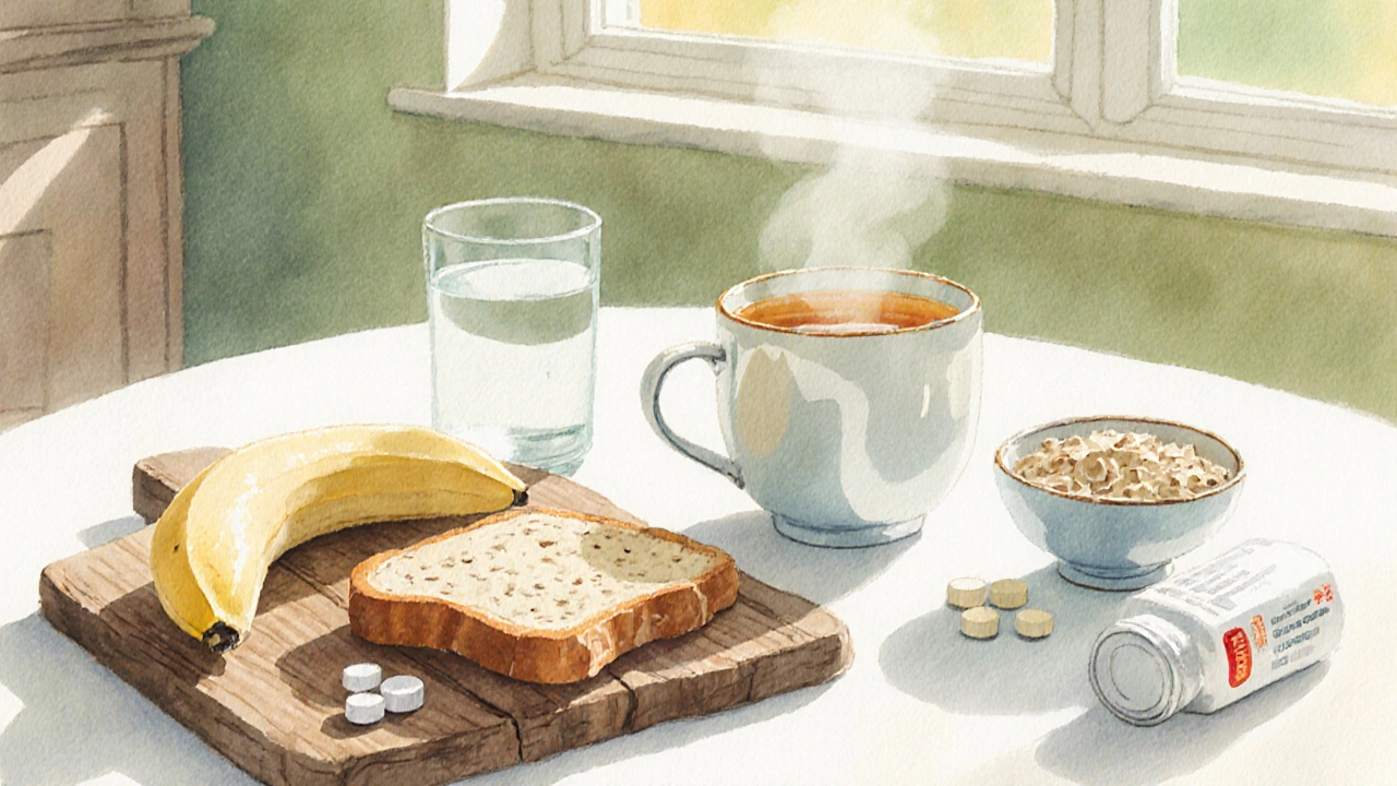 Table with herbal tea, water, banana, toast, and antacid bottle for relief.