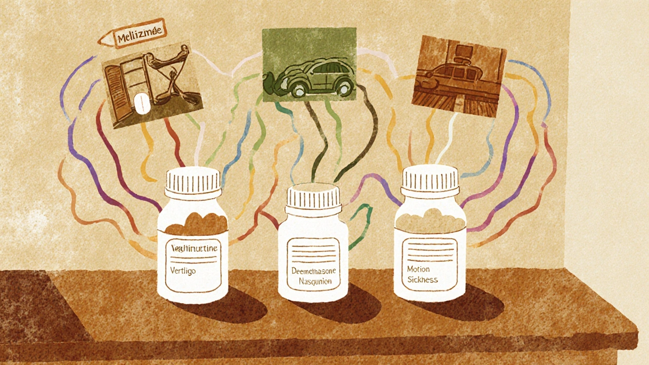 Three anti-nausea medications on a counter, each linked visually to different causes like vertigo, motion sickness, and chemo.