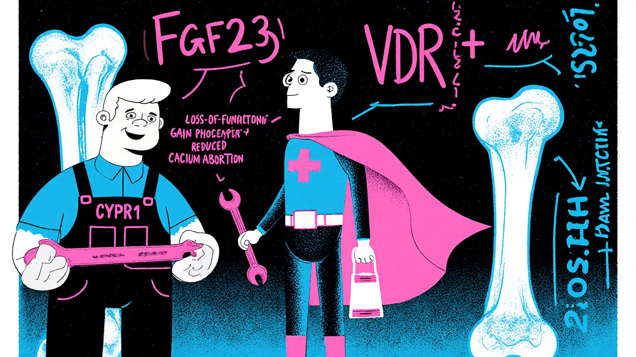 Three cartoon gene characters representing CYP2R1, FGF23, and VDR beside a bone diagram.