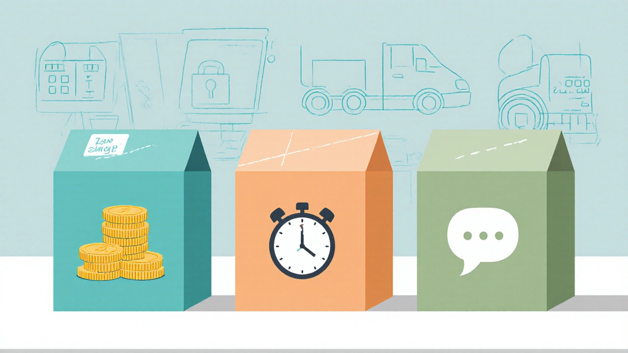 Three color‑coded parcels with icons for price, fast shipping, and pharmacist chat on a countertop.