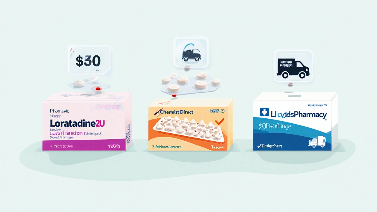 Three generic loratadine boxes representing top UK online pharmacies with price tags and delivery icons.
