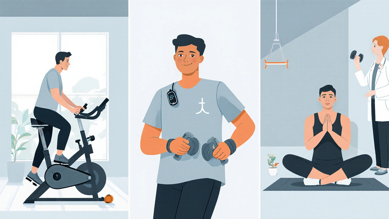 Three panel illustration of COPD exercises: stationary bike, light dumbbells, pursed‑lip breathing.