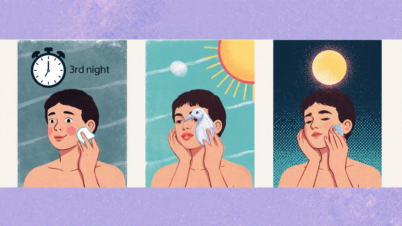 Three‑panel routine: applying retinoid, moisturizer, then sunscreen.