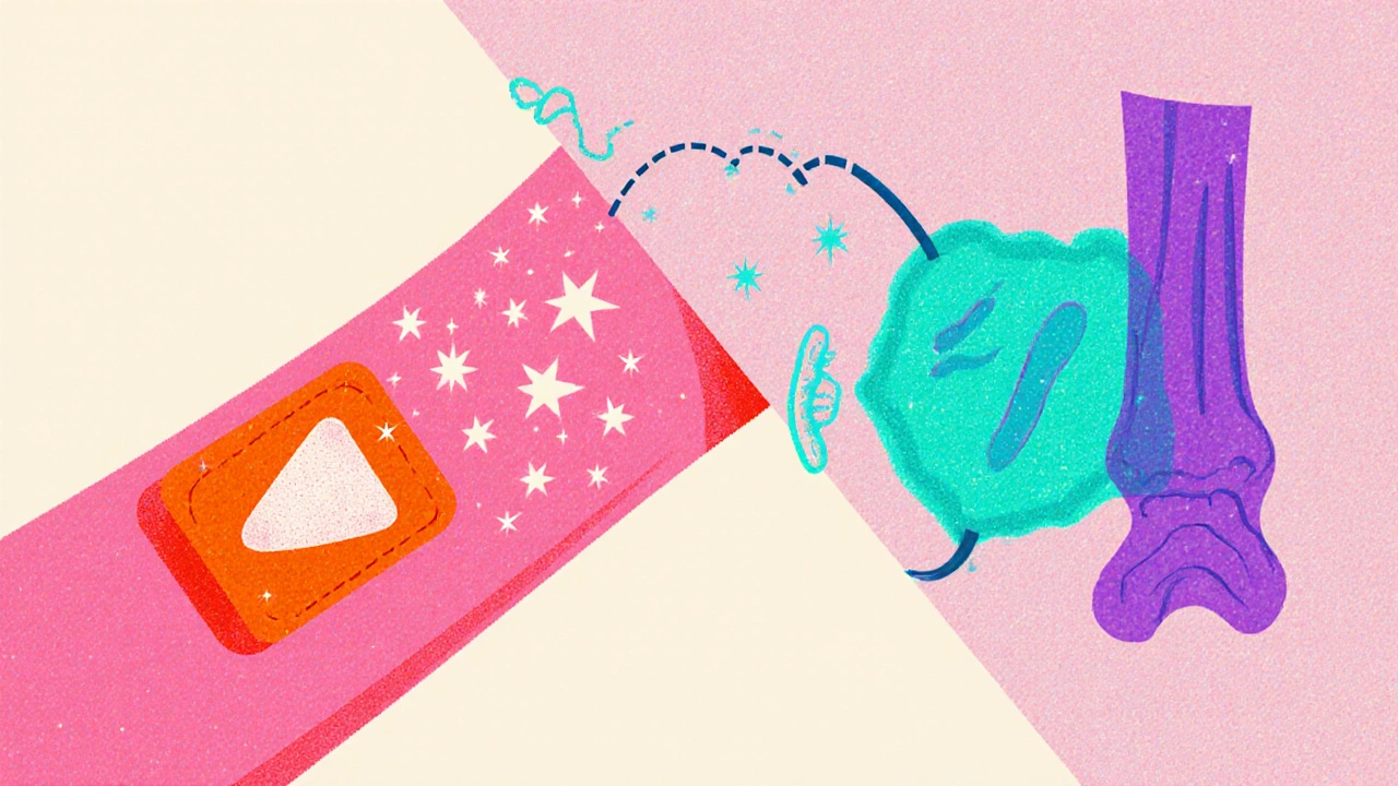Transdermal estrogen patch sending molecules to bone and parathyroid cell, shown in risograph illustration.