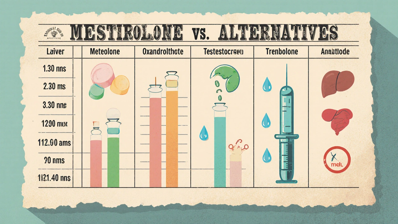 Vintage cartoon comparison table of steroids with icons and bar graphs.