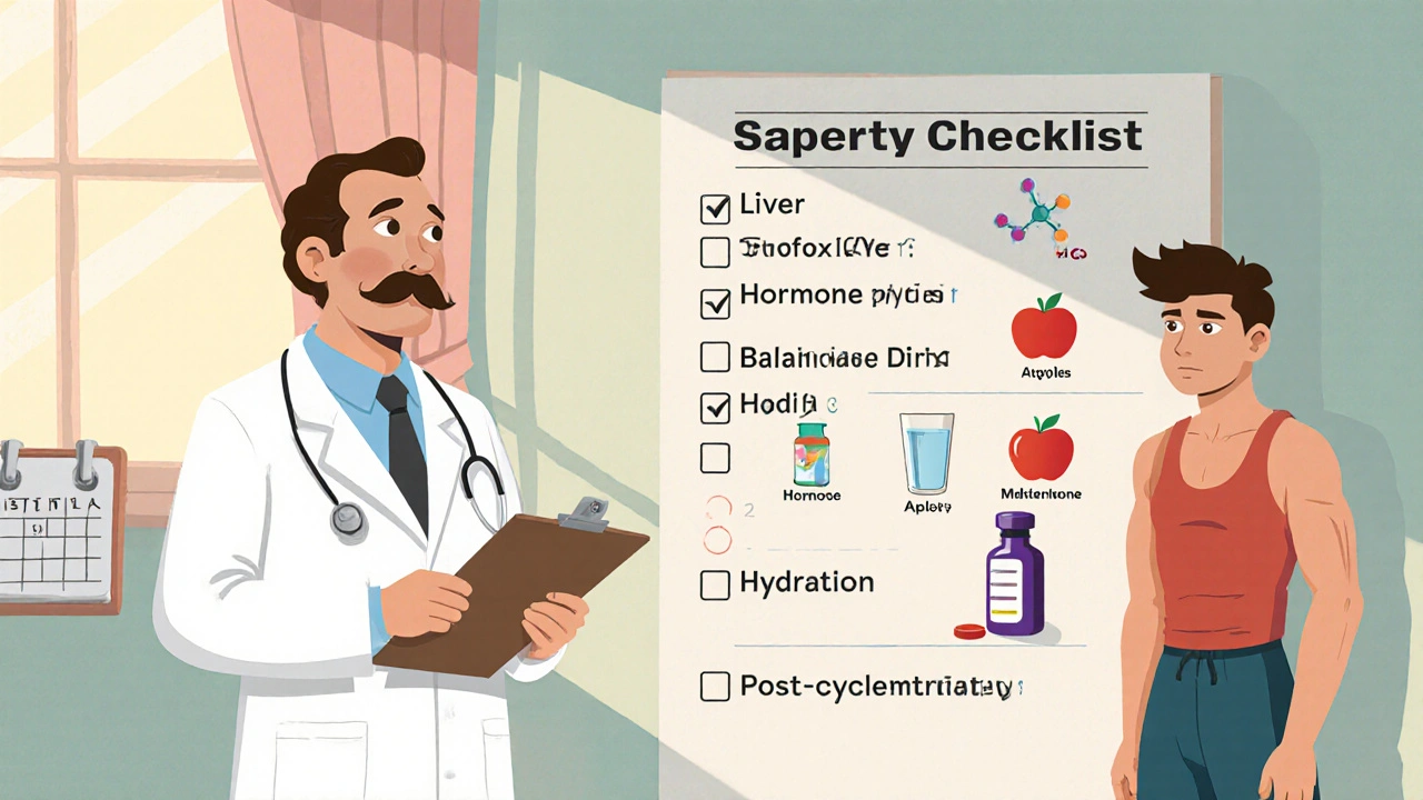 Vintage cartoon doctor advising safety steps to a gym‑wear character holding Mesterolone.