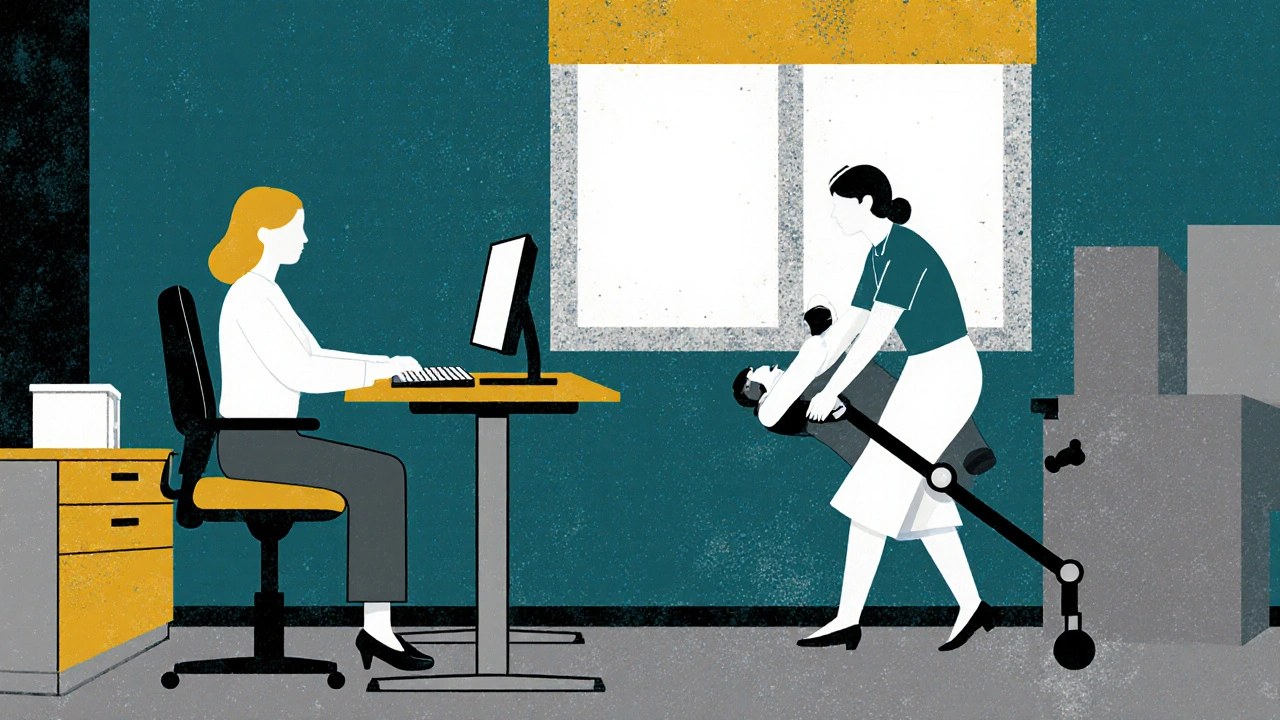 Worker using ergonomic desk and a nurse with supportive brace, illustrating job impact.