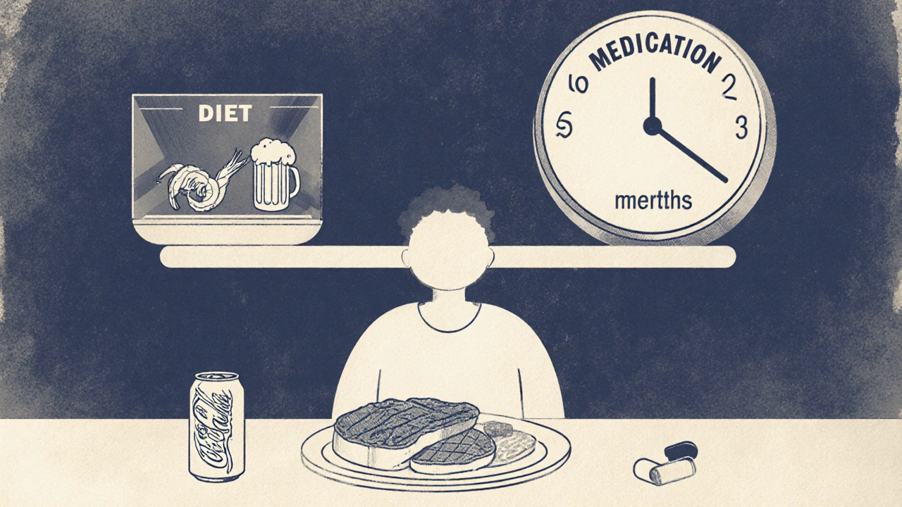 A person at a table with food, but a scale shows medication outweighing diet in controlling gout.