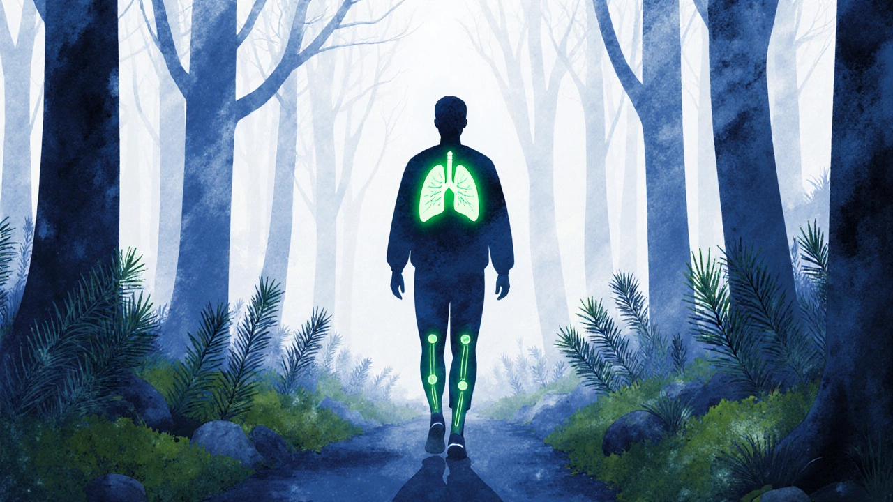 A person walking through misty woods, glowing faintly green at joints and lungs, surrounded by pulsing ground pine.