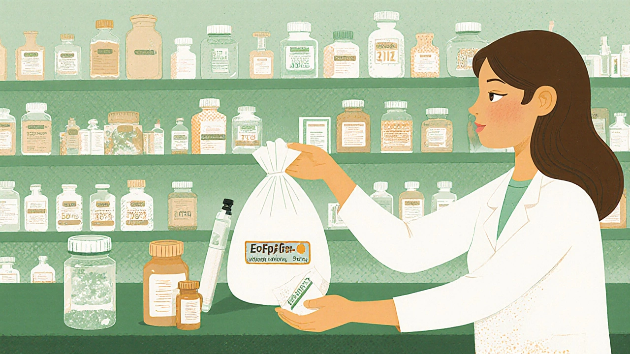 A pharmacist accepting expired medications at a pharmacy counter, customer looking relieved, organized bottles visible in background.