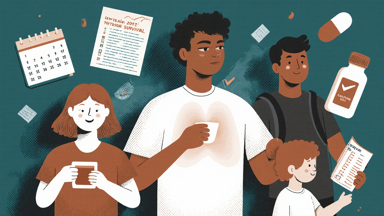 Diverse survivors with faint thyroid outlines, symbolizing life after cancer treatment