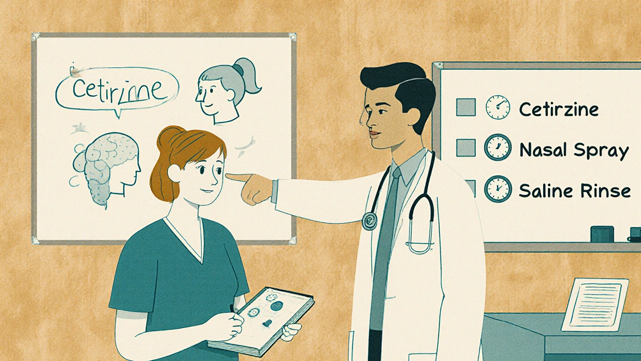 Doctor and patient discussing allergy alternatives in clinic with journal