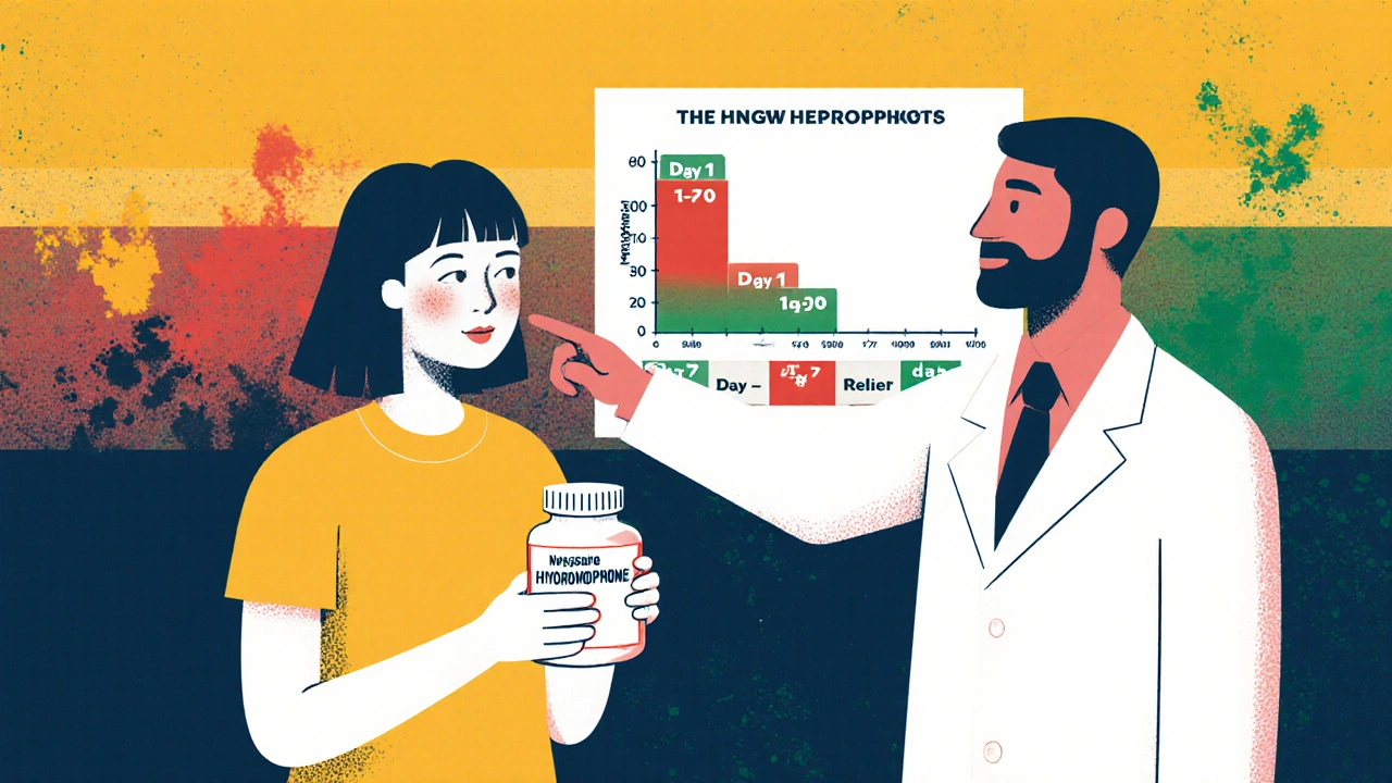 Doctor and patient discussing opioid switch from morphine to hydromorphone, with nausea timeline chart.
