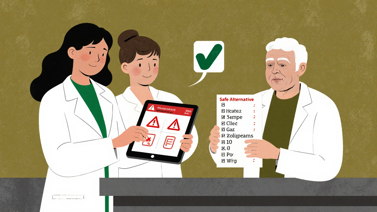 Doctor and pharmacist reviewing medication alert on tablet while patient holds a list of pills.